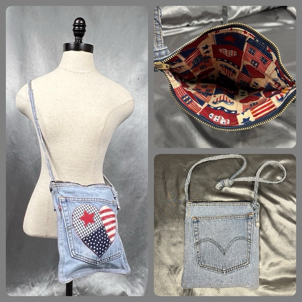 Handmade Upcycled Levi's Denim Crossbody Bag Americana Heart Patch Red Tab 10x9